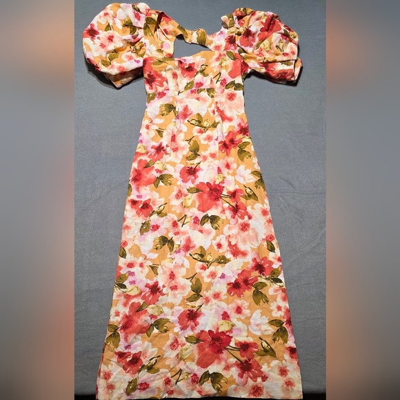 Moon River Floral Puff Sleeve Dress - Pink, Orange, Green EUC PTP 17 XS - Picture 2 of 4